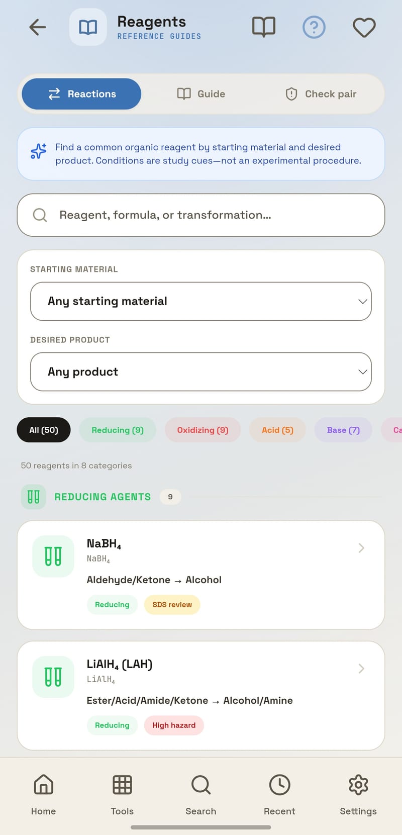 ChemEase on Android — Fifty reagents, eight categories